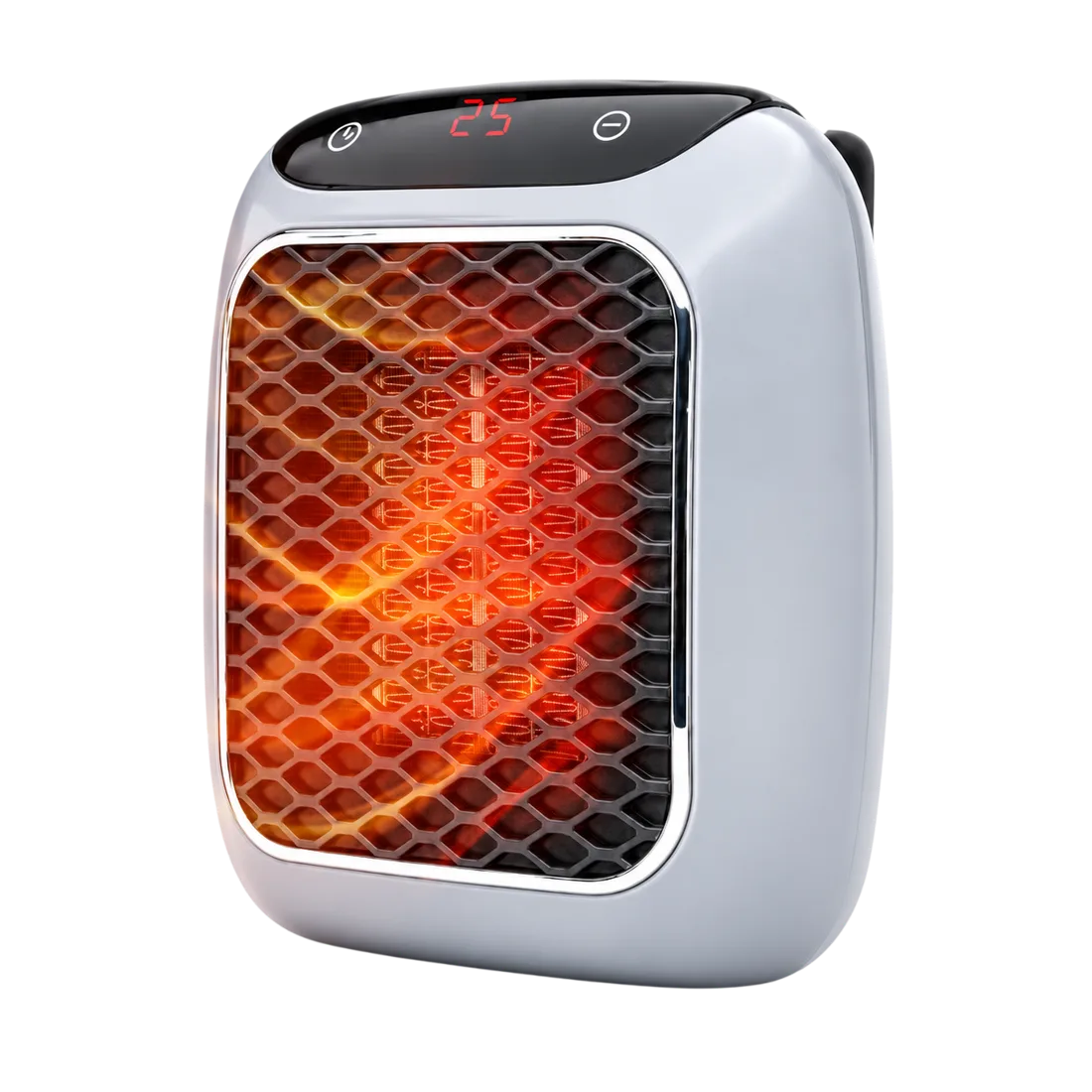RapidHeat heater seen from an angle, showing the wall plug at the back and the grille